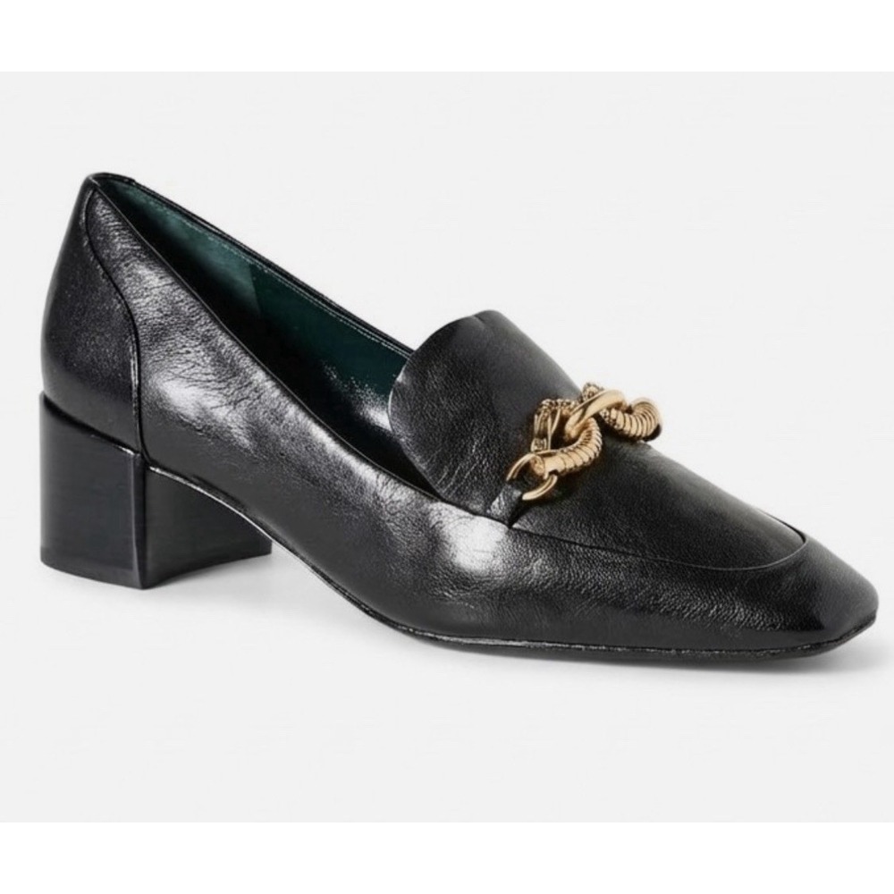 Tory Burch Women's Jessa Leather Heeled Loafer‎ Black Block Heel Gold Links 9.5